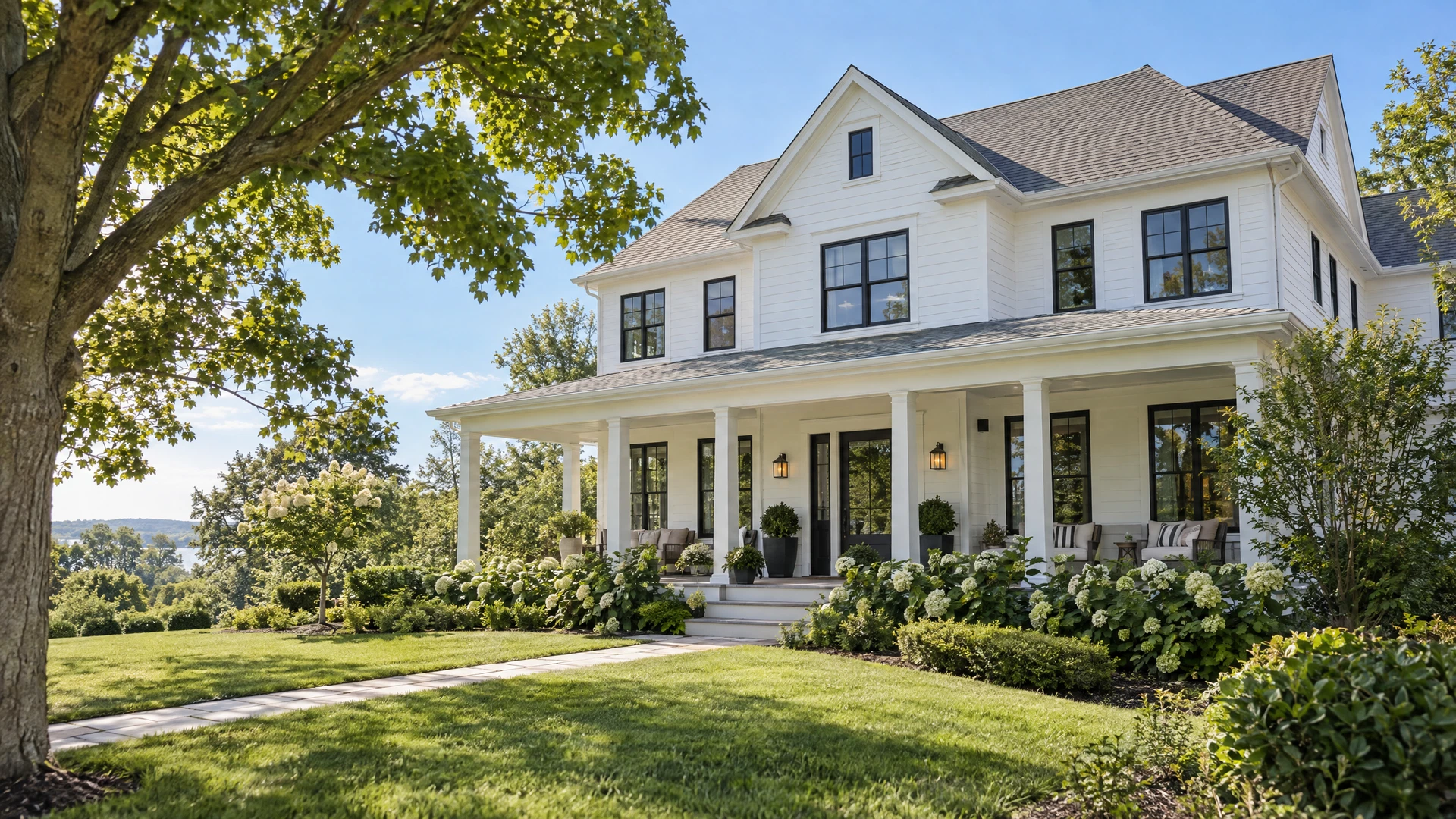 Bright white suburban home with a green garden